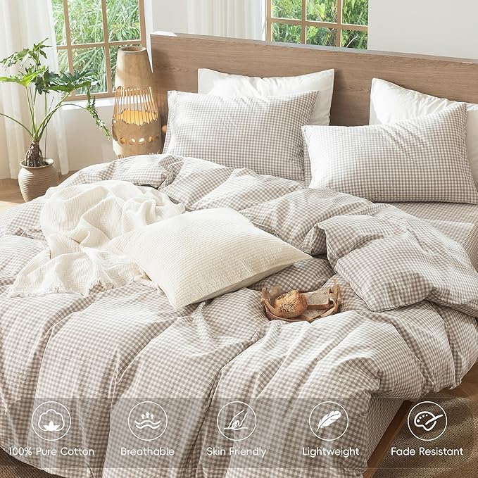 MooMee Gingham Duvet Cover Set 100% Washed Cotton Linen Like Textured Breathable Durable Soft Comfy Modern Checkered Design (Mini Gingham Tannish Linen Grey, Queen 90"x90")