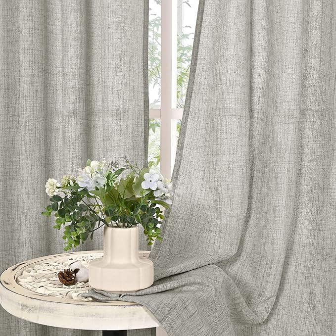 YoungsTex Extra Long Linen Curtains 102 Inch Length for Living Room, Light Grey Light Filtering Drapes with Bronze Grommet Privacy for Dining Bedroom, 52 x 102 Inch, 2 Panels