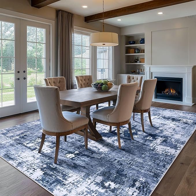 Area Rug Living Room Rugs - 8x10 Washable Large Soft Indoor Neutral Modern Abstract Low Pile Rug Carpet for Bedroom Dining Room Farmhouse Home Office - Navy Blue