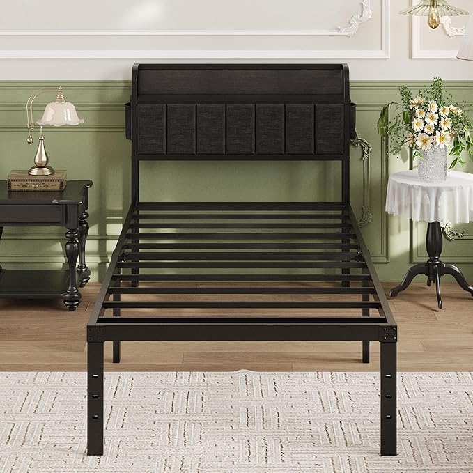 16 Inch Twin Bed Frames with Upholstered Storage Headboard, Sturdy Single Bed Frame, No Box Spring Needed Twin Platform, Black