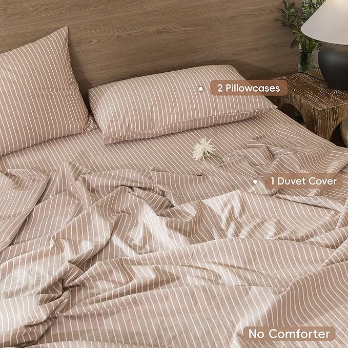 MooMee Striped Duvet Cover Set 100% Washed Cotton Linen Like Textured Breathable Durable Soft Comfy (Orange White Wide Stripes, Super King 108"x98")
