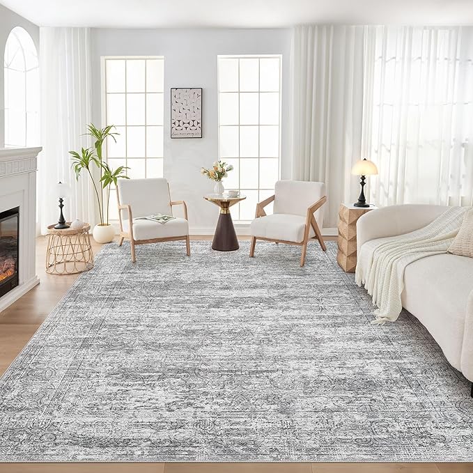 Area Rug Living Room Rugs - 9x12 Abstract Large Soft Indoor Washable Rug Neutral Modern Low Pile Carpet for Bedroom Dining Room Farmhouse Home Office - Vintage Grey