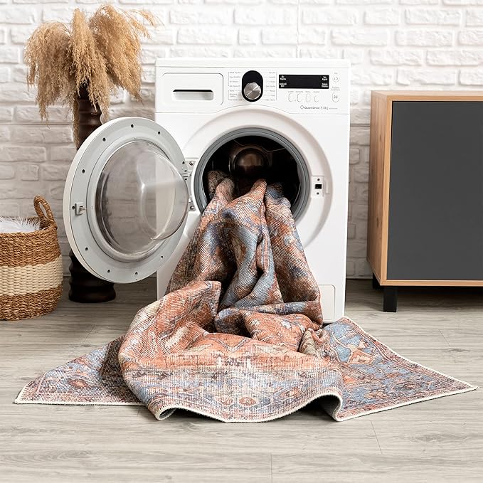 Bloom Rugs Washable 9' x 12' Rug - Terracotta/Blue Traditional Area Rug for Living Room, Bedroom, Dining Room, and Kitchen - Exact Size: 9' x 12'