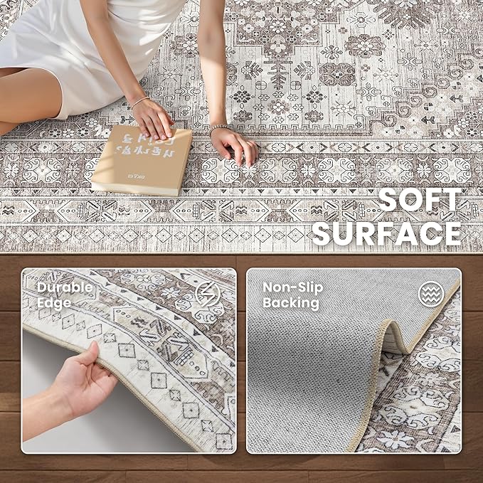 zesthome 7x9 Area Rug, Super Soft Washable Rugs for Living Room, Non-Slip Stain Resistant Vintage Rugs, Ultra-Thin Large Area Rugs (Brown/Beige,7'x9')