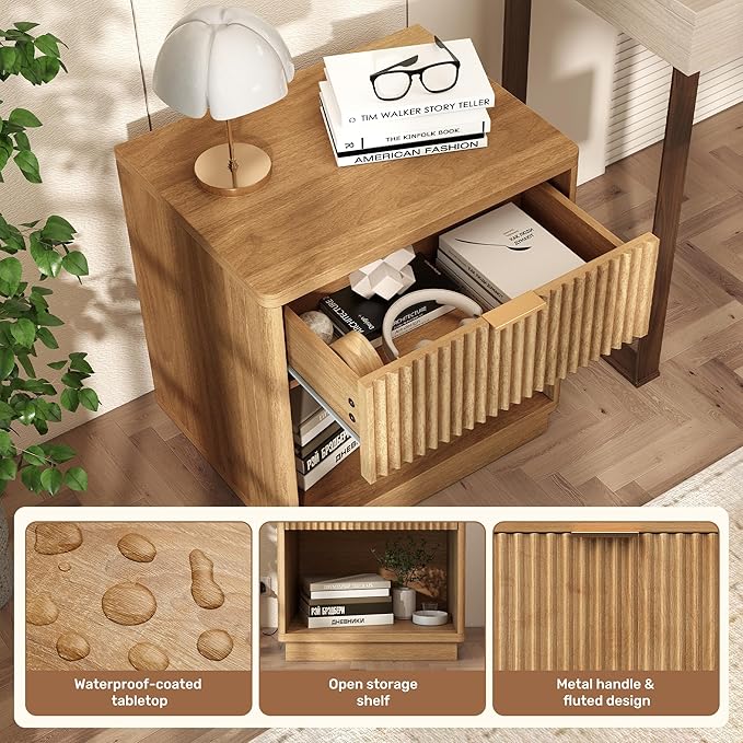 Miereirl Fluted Nightstands Set of 1 with Charging Station, LED Nightstand with Rounded Edge, 22" W Farmhouse Nightstand for Bedroom, Natural Oak