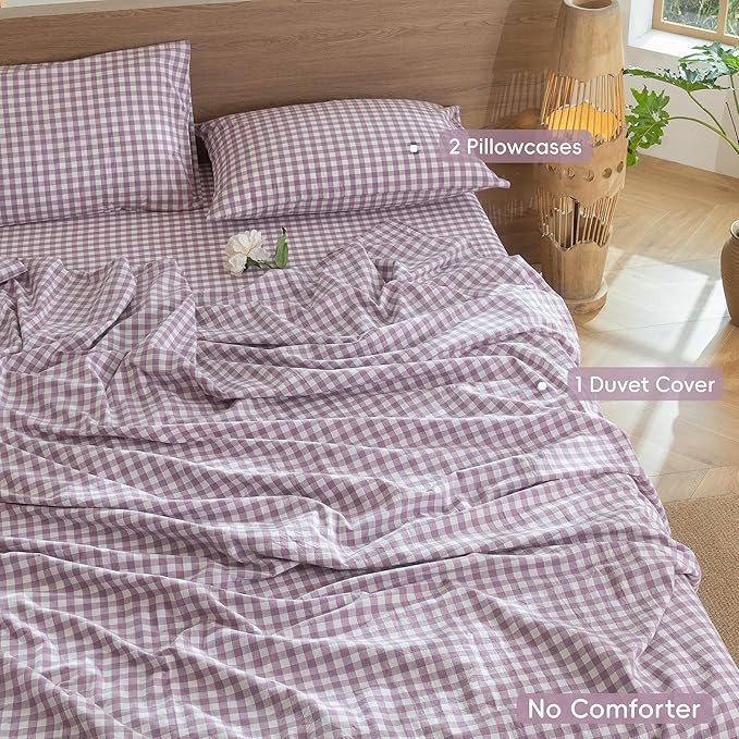 MooMee Gingham Duvet Cover Set 100% Washed Cotton Linen Like Textured Breathable Durable Soft Comfy Modern Checkered Design (Classic Gingham Light Purple, Palatial King/Oversized King 120"x98")