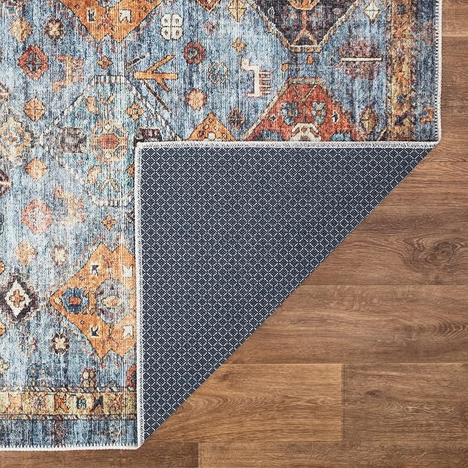 Bloom Rugs Washable Non-Slip 5' x 7' Rug - Blue/Orange Traditional Bordered Area Rug for Living Room, Bedroom, Dining Room, and Kitchen - Exact Size: 5' x 7'