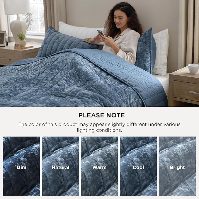 Bedsure Velvet Quilt Queen Size Set - Lightweight Velvet Comforter Queen, Luxury Bedspread Coverlet, Ultra-Soft Winter Bedding Set with 2 Pillow Shams, 90"x96", Blue