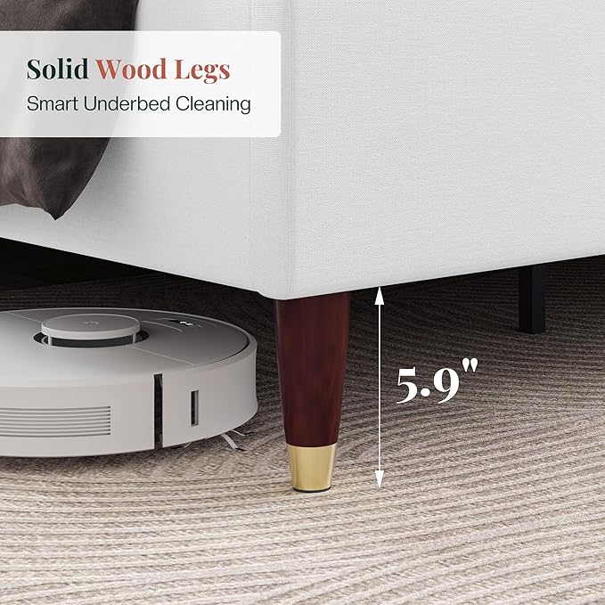Jocisland King Upholstered Platform Bed Frame with 51.2" Tall Wingback Headboard–Solid Wood Legs, No Box Spring Needed, White Linen–Modern Style for Any Bedroom