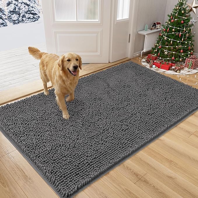 Amyracel Dirt Trapping Door Mat, 48" x 72" Large Absorbent Dog Door Mat for Muddy Paws, Quick Dry Non Slip Chenille Mud Mat for Dogs, Machine Washable Entry Indoor Entryway Rug for Inside Floor