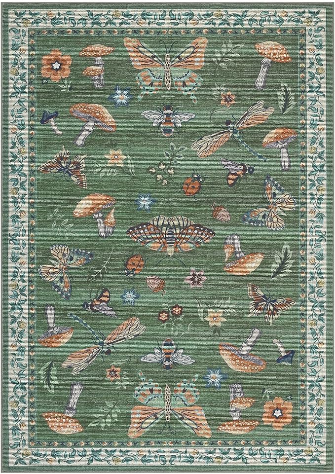 Mushroom Washable Rug 5x7 Area Rugs for Living Room, Insect Print for Bedroom, Non Slip Throw Rugs with Rubber Back, Soft Low Pile Dining Room Carpet for Under Table, Green