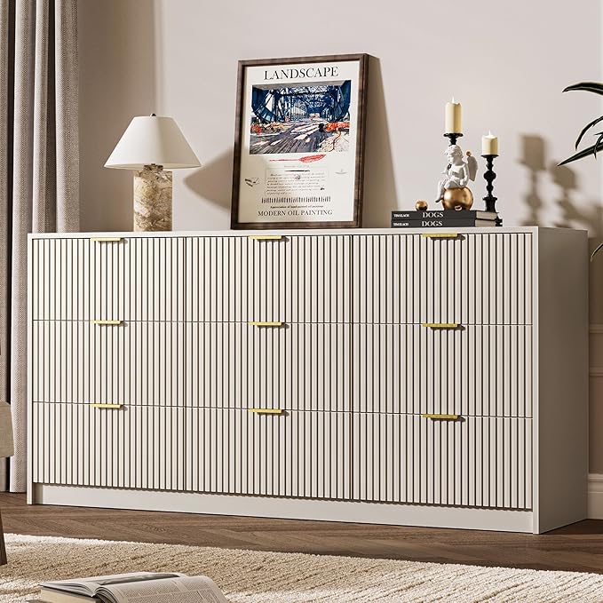 3-Piece Dresser Bedroom Set, 9 Drawer Dresser & 2 Drawer Nightstands with Gold Handles, Fluted Wood Chest of Drawers for Bedroom, Living Room, Entryway, Beige