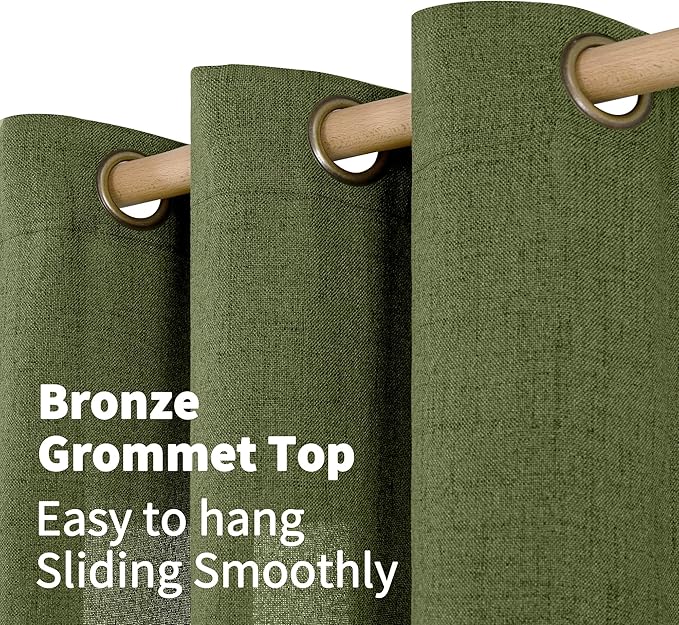 YoungsTex Olive Linen Curtains 80 Inch Length for Living Room, Light Filtering Window Drapes with Bronze Grommet Textured Privacy for Bedroom Farmhouse Decorative, 52 x 80 Inch, 2 Panels