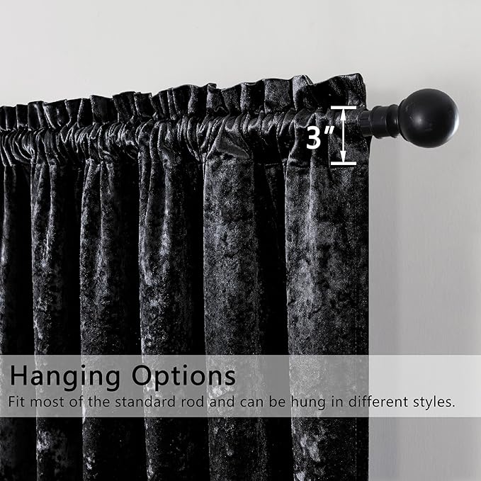 SMILETIME Black Crushed Velvet Curtains 52x108inch Rod Pocket Luxurious Thermal Insulated Soundproof Drapes Soft and Durable Light-Filtering Window Treatments for Living Room Bedroom, 2 Panels