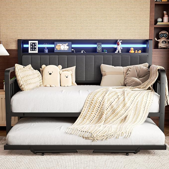 Daybed with Trundle and LED Light, Heavy Duty Metal Twin Bed Frame with Upholstered Storage Headboard & Charging Station, Day Bed Pop Up Trundle Bed Twin for Living Room,Bedroom and Guest Room, Black