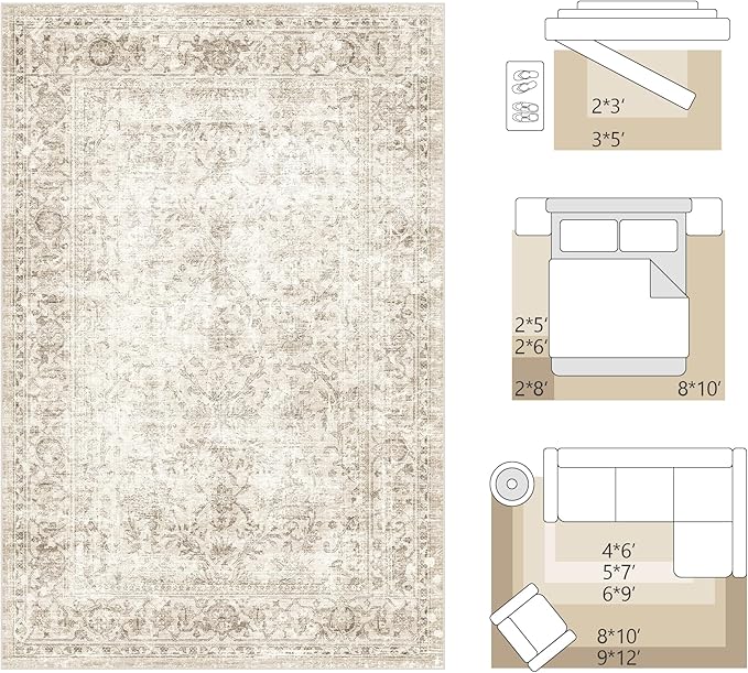 FMFUNCTEX 9x12 Washable Area Rug Beige Vintage Neutral Distressed Large Non Slip Carpet for Living Room Bedroom Soft Low Pile Indoor Mat Retro Floral Throw Rug for Dining Room Kitchen Office Nursery