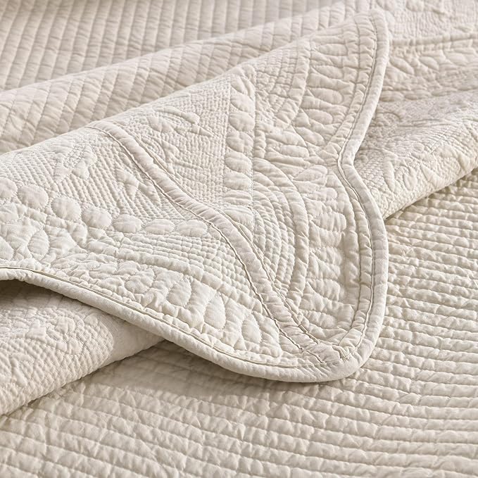 MarCielo 3-Piece 100% Cotton Oversized Bedspread Lightweight Quilt Coverlet Embroidery Farmhouse Bedding Set (TG Yellowish Beige, Oversized Queen (100"x106"))
