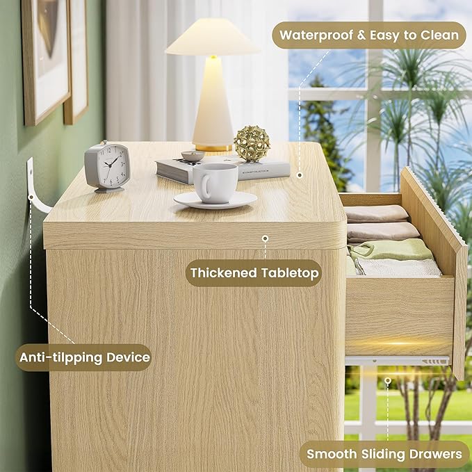 Fluted Nightstand with 3 Drawers, Wood Night Stand with Storage, 25" Wide Side Table, Modern Bedside Table for Bedroom, End Table for Living Room, Handleless Design, Curved Profile, Natural Oak 1PC