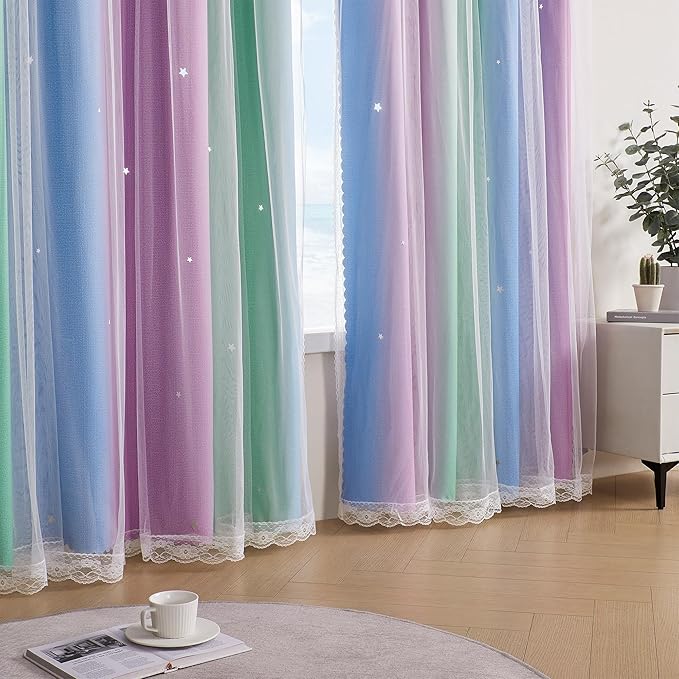 XiDi Blue Curtains for Bedroom Decor Green Curtains for Girls Kids Room Purple Unicorn Wall Decals 52X63 Inch Long 1 Panel