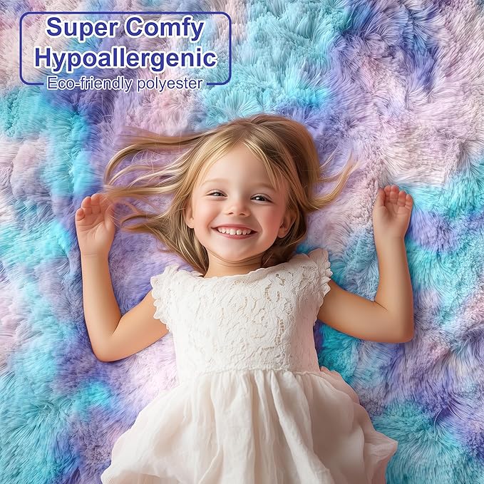PAGISOFE Cute Kawaii Purple Rainbow Rug for Girls Bedroom, 5x8 Washable Area Rug, Soft Fluffy Shag Rug for Girls Room Baby Kids Playroom Nursery Classroom Plush Furry Mermaid Rug, Fuzzy Pastel Carpet