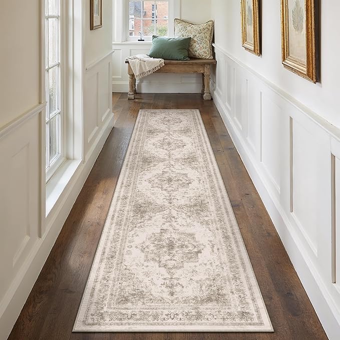 Runner Rug 2x12 Beige Hallway Washable Carpet Non Slip Vintage Medallion Carpet Low Pile Soft Distressed Retro Indoor Long Rug for Entryway Kitchen Bathroom Laundry Bedroom