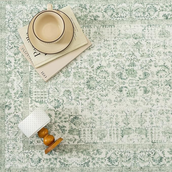 Sage Green Area Rug 5x7 Living Room Washable Carpet Vintage Distressed Non Slip Kitchen Carpet Neutral Low Pile Retro Floral Farmhouse Throw Rug for Home Office Bedroom Laundry Dining Room