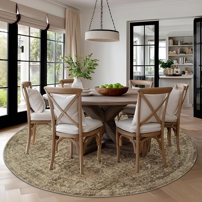 FMFUNCTEX 8ft Round Washable Area Rug Brown Vintage Neutral Distressed Large Non Slip Carpet for Living Room Bedroom Soft Low Pile Indoor Mat Retro Floral Throw Rug for Dining Kitchen Office Nursery