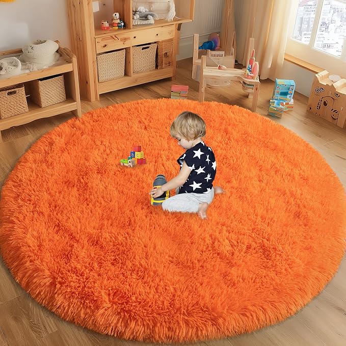 Round Orange Rug for Bedroom, 8 ft Circle Area Rugs for Living Room, Soft Large Fluffy Shag Carpet for Teen Girls Boys Nursery Room Dorm Home Decor Aesthetic