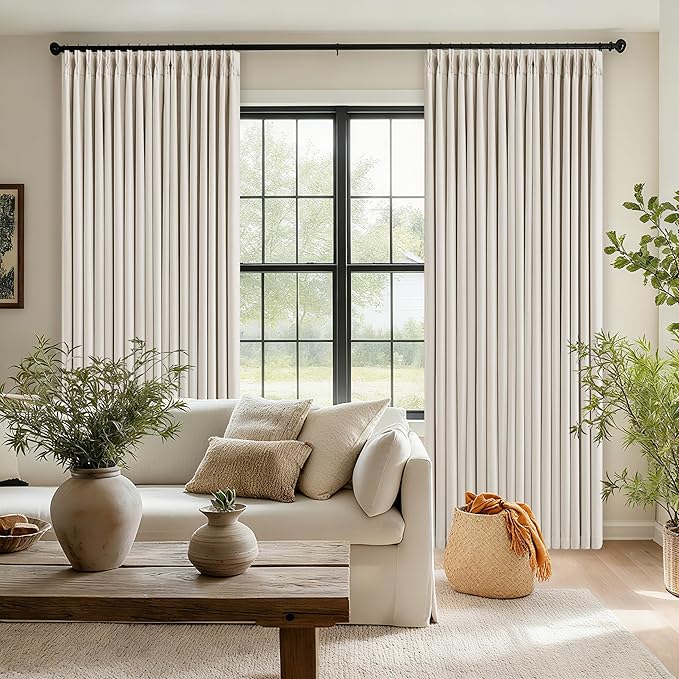 Pleated Cream Ivory 86 Inch Blackout Curtains for Living Dining Room 2 Panels Set Boho Farmhouse Pinch Pleat Natural Linen Black Out Bedroom Curtains Thermal Insulated Room Darkening 2 Layer Design