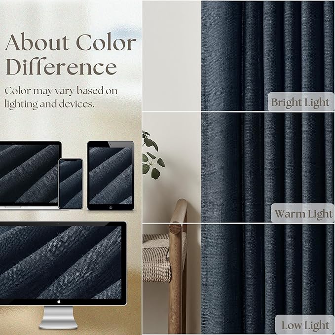 Navy Linen Pinch Pleated Curtains 108 Inches Long 2 Panels for Living Room Bedroom Light Filtering Drapes 108 Inch Length Dark Blue Indigo Semi Sheer Memory Shape Trained Ceiling Floor Curtain