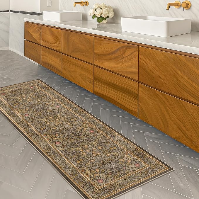Non Slip 2x5 Gold Brown Bathroom Runner Rug - Small Runner Rugs, Washable Kitchen Floor Mat, Bedroom, Laundry Room, Hallway Runner - Vintage Oriental Décor