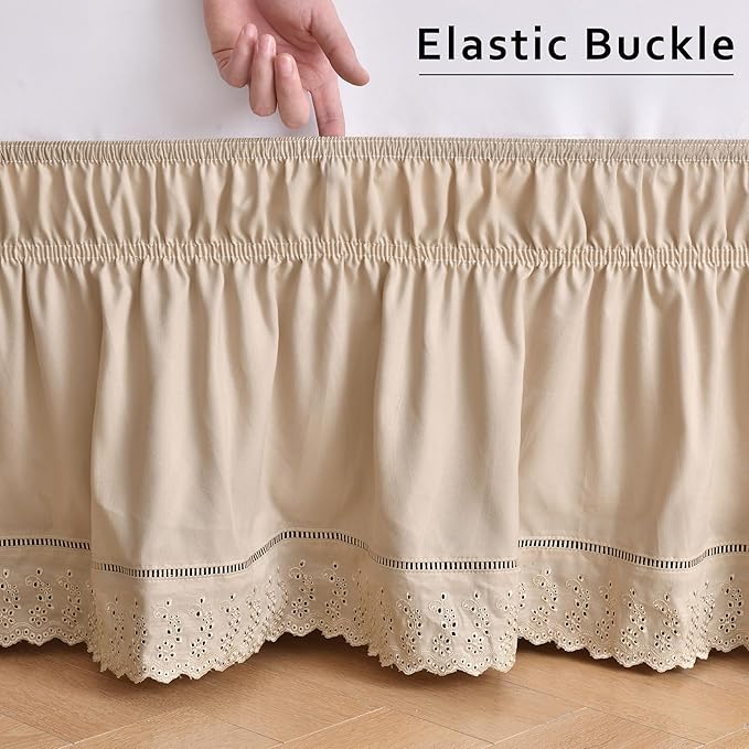 MIYE Wrap Around Ruffled Lace Bed Skirt, Elastic Dust Ruffle with Adjustable Belts, Easy to Put On, Bed Frame Cover, Machine Washable (Embroidered/Beige, King/Queen-12.5" Drop)