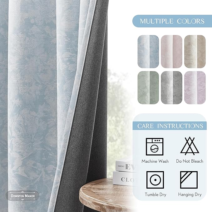 Beauoop Blue Floral Jacquard Blackout Curtains 90 Inches Long 2 Panels for Bedroom Living Room Chenille Flower Room Darkening Thermal Insulated Soundproof Grommet Window Treatments Drapes, 52x90