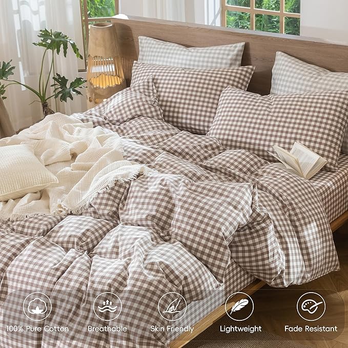 MooMee Gingham Duvet Cover Set 100% Washed Cotton Linen Like Textured Breathable Durable Soft Comfy Modern Checkered Design (Brown Gingham, Full 80"x90")