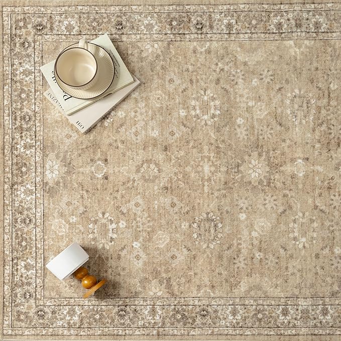5x7 Brown Area Rug Non Slip Vintage Living Room Distressed Machine Washable Carpet Retro Indoor Bedroom Floral Traditional Accent Throw Rug for Office Kitchen Dorm Dining Room