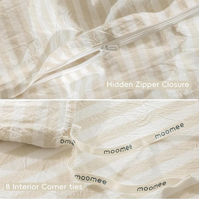 MooMee Striped Duvet Cover Set 100% Washed Cotton Linen Like Textured Breathable Durable Soft Comfy (Almond Milk Grey Classic Stripes, King 104"x90")