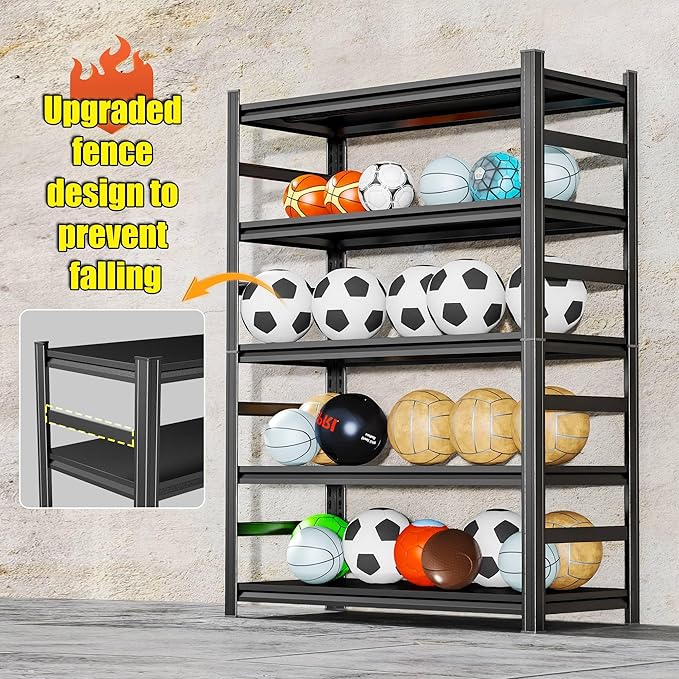 Storage Shelves, Garage Metal Shelving Unit, Adjustable, Double-Layer Column with Reinforced Ribs, Heavy-Duty, Capable of Bearing 600-3600 lbs (Black, 71 * 45 * 18, 5-Tier)