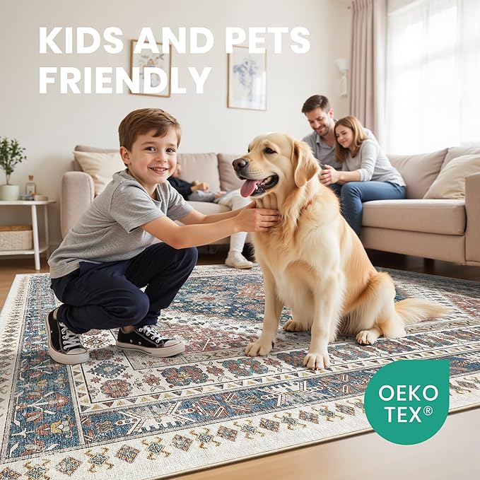 zesthome 6x9 Area Rug, Super Soft Washable Rugs for Living Room, Non-Slip Stain Resistant Vintage Rugs, Ultra-Thin Large Area Rugs (Navy Blue/Red,6'x9')