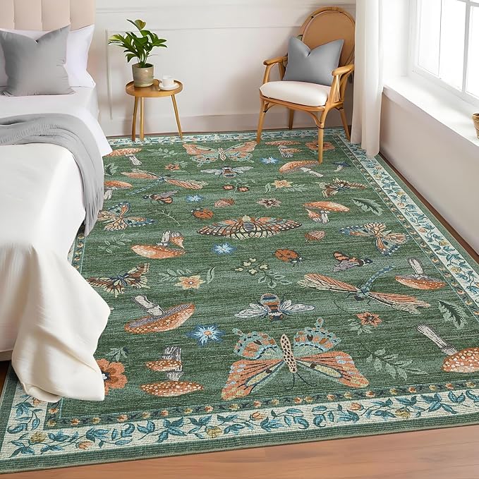 Mushroom Washable Rug 5x7 Area Rugs for Living Room, Insect Print for Bedroom, Non Slip Throw Rugs with Rubber Back, Soft Low Pile Dining Room Carpet for Under Table, Green