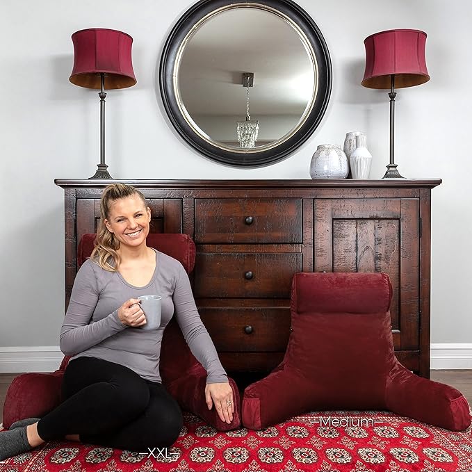 Husband Pillow Medium Maroon, Backrest for Kids, Teens, Petite Adults - Reading Pillows with Arms, Adjustable Loft, Plush Memory Foam, Bed Rest Chair for Sitting Up, Detach Neck Roll, Removable Cover