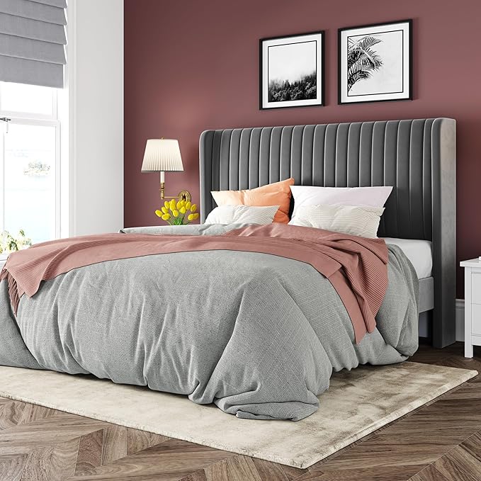 Allewie Queen Size Velvet Bed Frame/Vertical Channel Tufted Wingback Headboard/Upholstered Platform Bed/Strong Wooden Slats/No Box Spring Needed/Easy Assembly/Grey