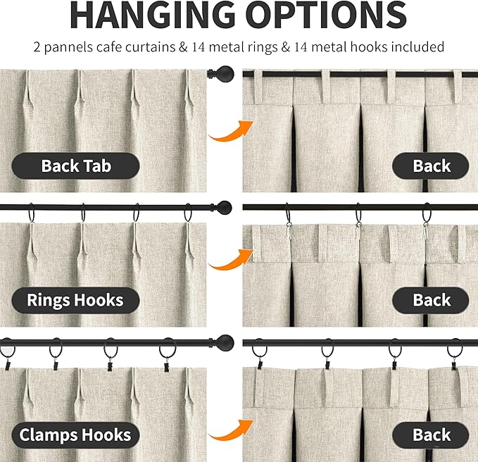 WdFour 42x36 Inch Pinch Pleated Blackout Cafe Curtains - Pack of 2, 100% Light Blocking Back Tab Drapes for Half Windows, Kitchen & Bathroom Short Curtains (Hemp Gray)