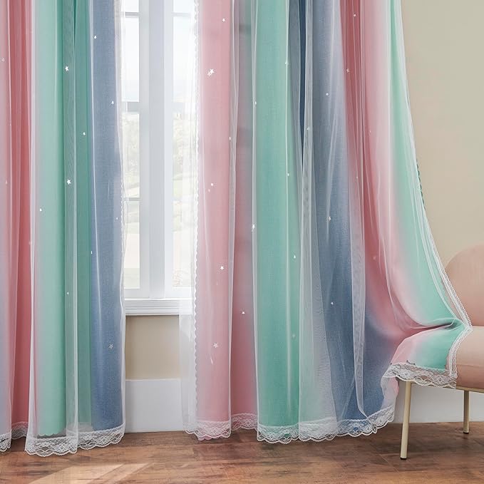 XiDi Pink Grey Girls Curtains for Bedroom, Childs Room Wall Decor Curtain, Nursery Blackout Curtains, Kids Bedroom Green Curtain 63 inchs Long 34 inches Wide 1 Panel