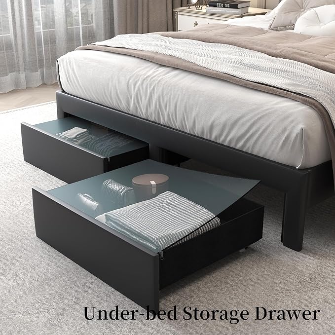 Queen LED Bed Frame with 2 Storage Drawers, PU Upholstered Platform Beds with Galaxy Star Projector Charging Station Speaker, Aurora Bedframe with 2-Tier Storage Headboard, Noise-Free, Black