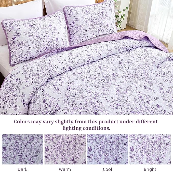 WONGS BEDDING Quilt King Size, Purple Quilt Bedding Set with 2 Pillowcases, Botanical Quilt for King Bed, Soft Microfiber Lightweight Coverlet Bedspread for All Season (110"×90", 3 Pieces)