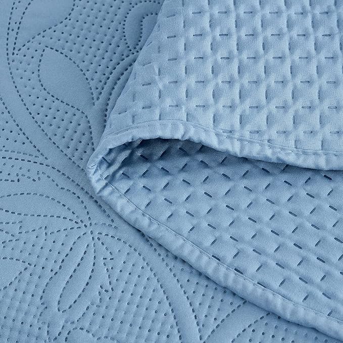 CHIXIN Bedspread Coverlet Quilt Set Full Size - Lightweight Bedding Cover - Ultrasonic Quilting - 5 Piece Reversible Bedspread - Vintage Rose Pattern (Full, Ashley Blue)