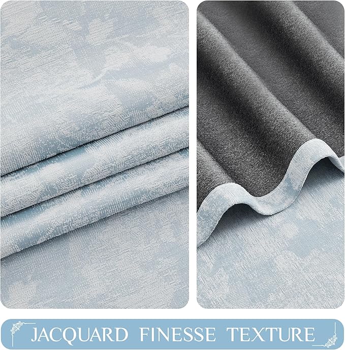 Beauoop Blue Floral Jacquard Blackout Curtains 63 Inches Long 2 Panels for Bedroom Living Room Chenille Flower Room Darkening Thermal Insulated Soundproof Grommet Window Treatments Drapes, 52x63