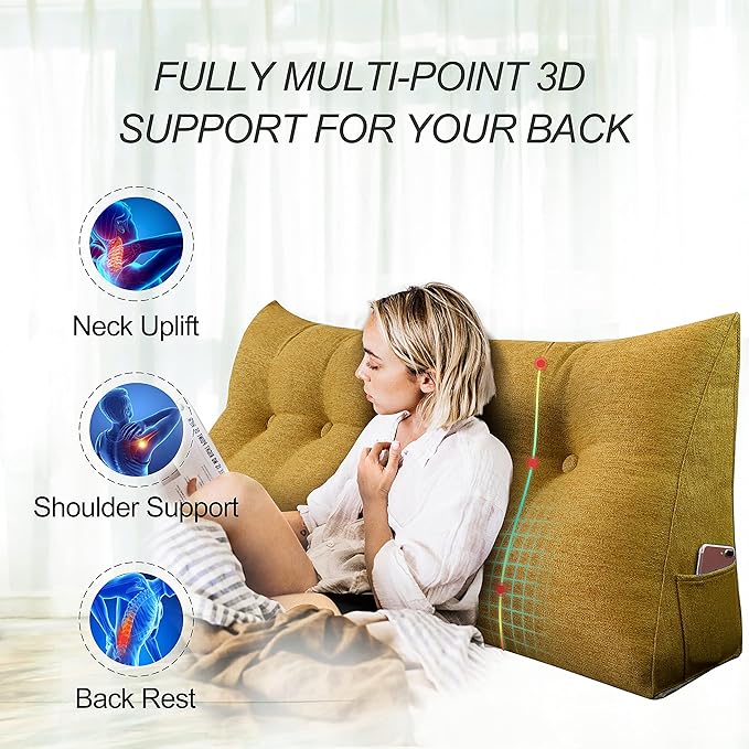 homecozy Wedge Headboard Pillow Dorm Room Reading Pillow Back Support for Sitting Up in Bed Bolster Lumbar Cushion Body Positioning Bedrest Gift for Mom Cotton Linen 59in Yellow Queen