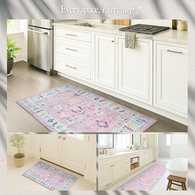 Fame Rugs Pink Modern Oushak Rug 2x3, Vintage Doormat Turkish Colorful Oriental Antique Inspired Washable Small Area Rug, Luxury Living Room Bedroom (385PB, 2' x 3')