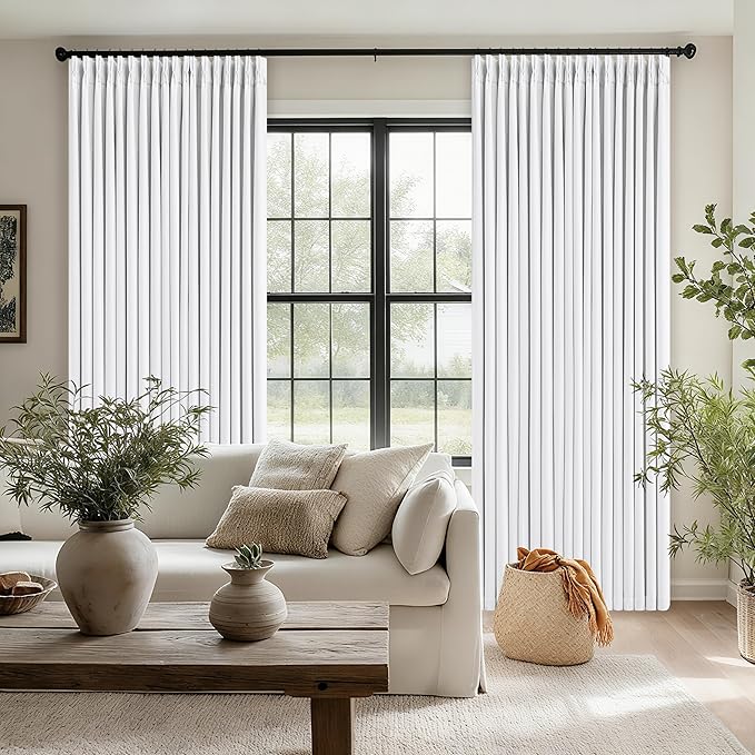 Pinch Pleated Blackout Curtains 102 Inches Long for Bedroom 100% Black Out Thick Linen Dual Layer Pinch Pleat Drapes with Back Tab Farmhouse Country Snow White 102 Inch Curtain for Dining Living Room
